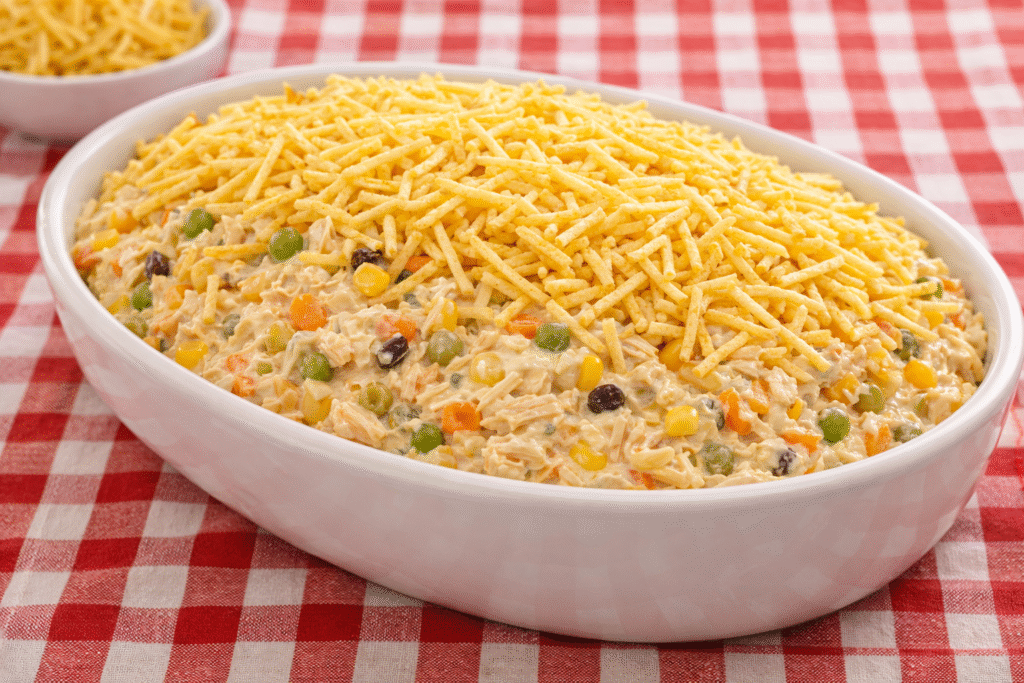 salpicão de frango cremoso com batata palha em travessa